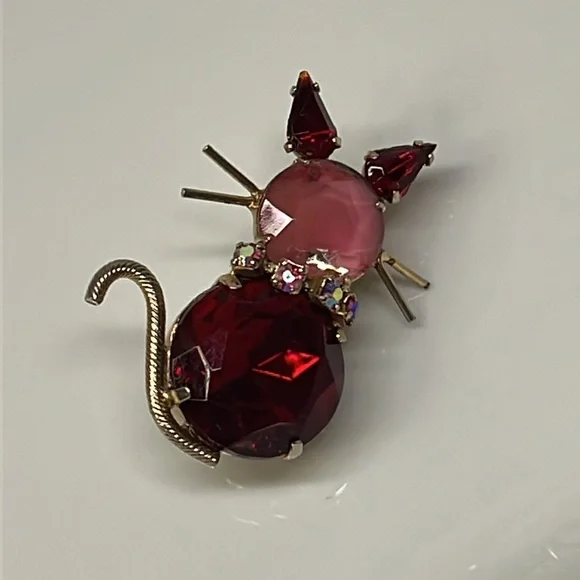 PINK & RED KITTY BROOCH VTG - Picture 7 of 8